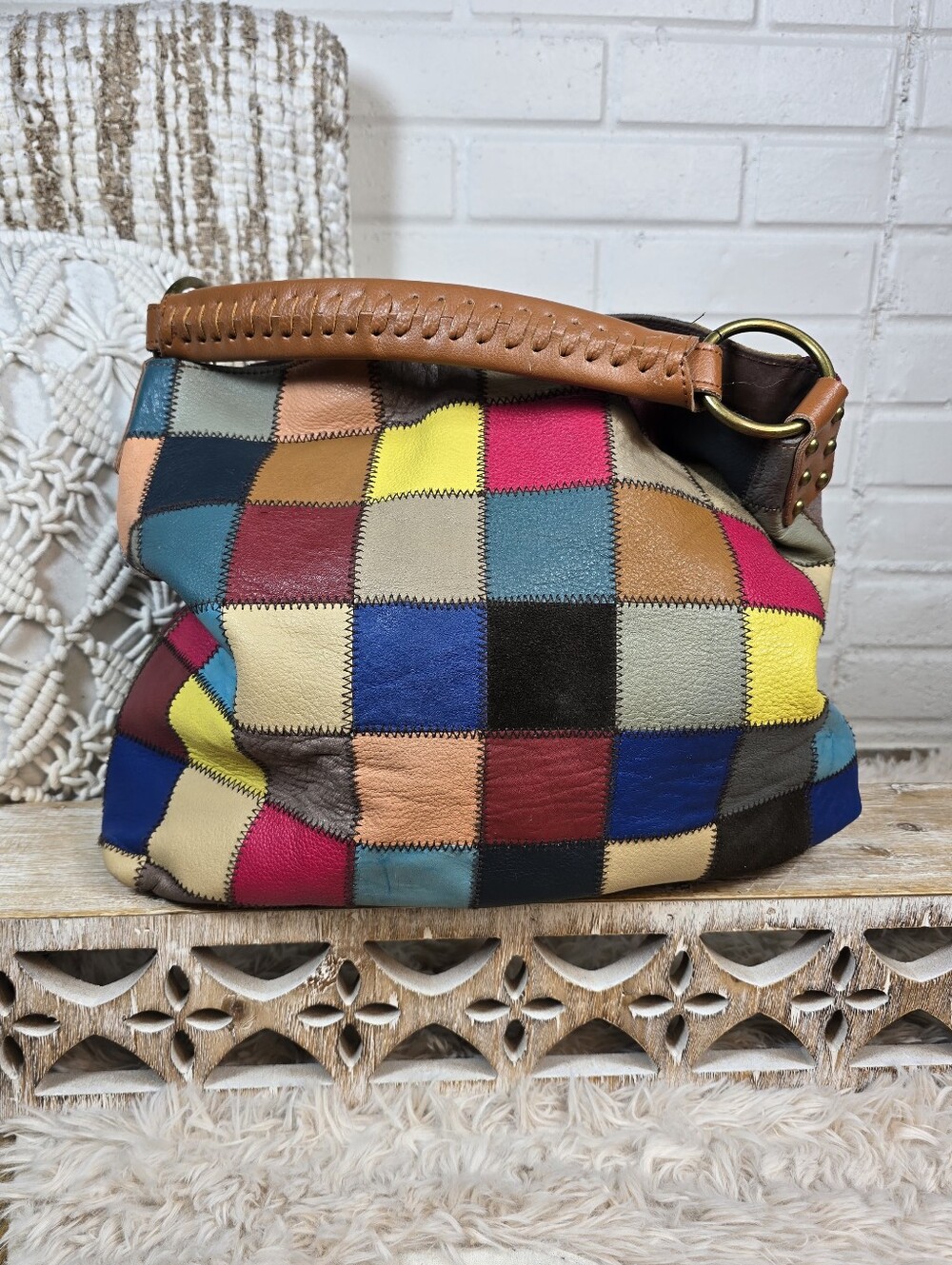 Stella and Max Multicolor Patchwork Leather Hobo Shoulder Bag Large